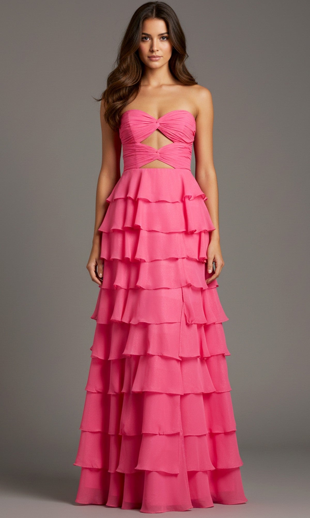 A woman models the Jovani 47898 long prom dress, featuring a strapless sweetheart neckline, ruffle-tiered design, and chiffon A-line skirt, standing against a neutral background.